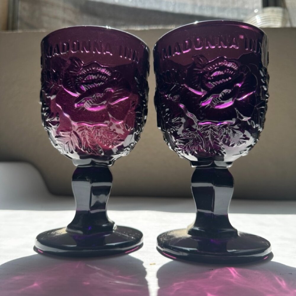 PAIR of Madonna Inn Fenton Goblets – Wright Wild Rose Pattern – Large Heavy 6.5